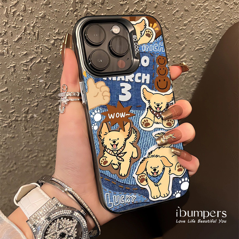 ibumpers Ốp Điện Thoại iPhone Funky Lively Puppy Denim Họa Tiết Cho IPhone 16 15 14 12 13 11 Pro Max IP 7 8 Plus X XS XR Ốp Lưng IMD Cứng Và Nhẵn