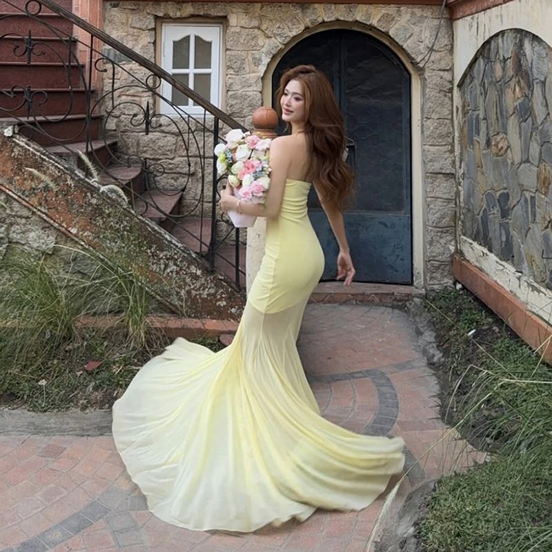 Klalian Ruched Đầm Thanh Lịch Nữ Gợi Cảm Không Dây Lưng Lưới Chắp Vá Xù Viền Nửa Đêm Cocktail Dự Tiệc Thời Trang