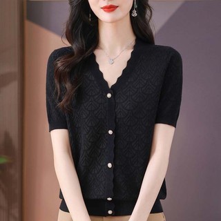 Áo thun ngắn tay cao cấp 2025 Nữ mùa hè Phong cách mới Áo dệt kim mỏng phong cách hàng đầu Phong cách mới Cổ chữ V phong cách phương Tây Áo sơ mi nhỏ dáng rộng Phong cách ngắn Hợp thời trang