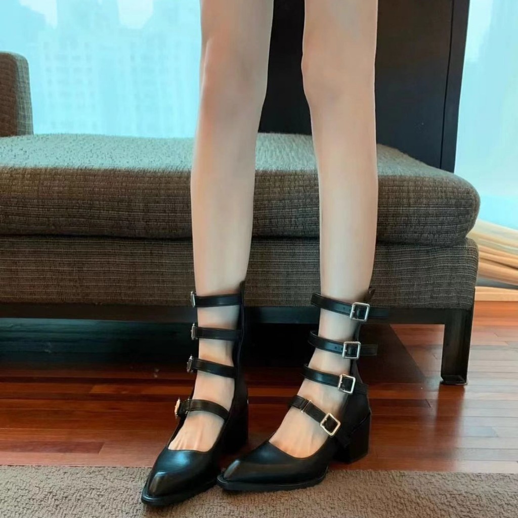 La Mã Khóa Dây Đeo Mũi Nhọn Giày Gót Dày Nữ Xuân Hè Phong Cách Mới Dép Giày Bốt Nữ Retro Hot Girl Rỗng Giữa Ống Giày