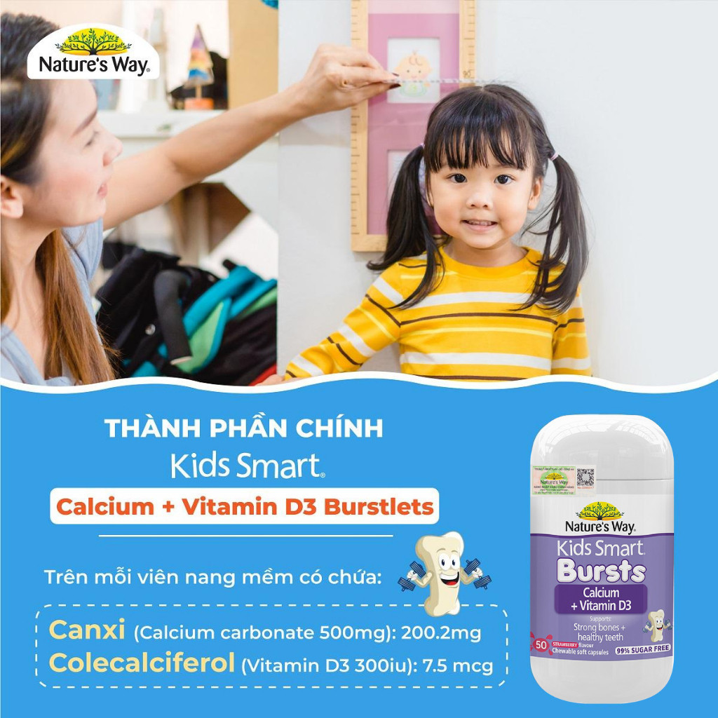 Viên Nhai Canxi Sữa Cho Bé Nature’s Way Kids Smart Calcium + Vitamin D3 Burstlets, Hỗ Trợ Xương Và Răng Chắc Khỏe 50v/h
