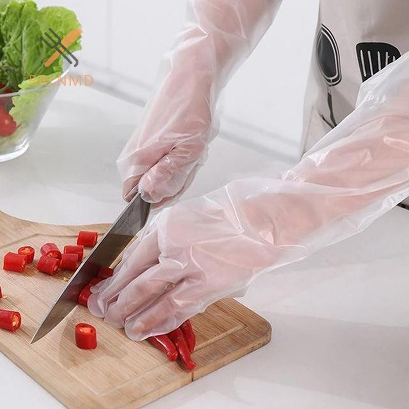 Rrlnmd 10 Cái / túi Găng Tay Bảo Vệ Tay Dùng Một Lần Nhà Bếp Vệ Sinh Hộ Gia Đình Chống Thấm Nước Dây Rút Co Giãn Kéo Dài PE Găng Tay Tay Tay Dài MỚI