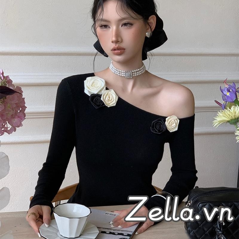 Áo thun dệt kim dài tay dành cho nữ Màu sắc tương phản 3D hoa Slim Fit Áo cổ nghiêng