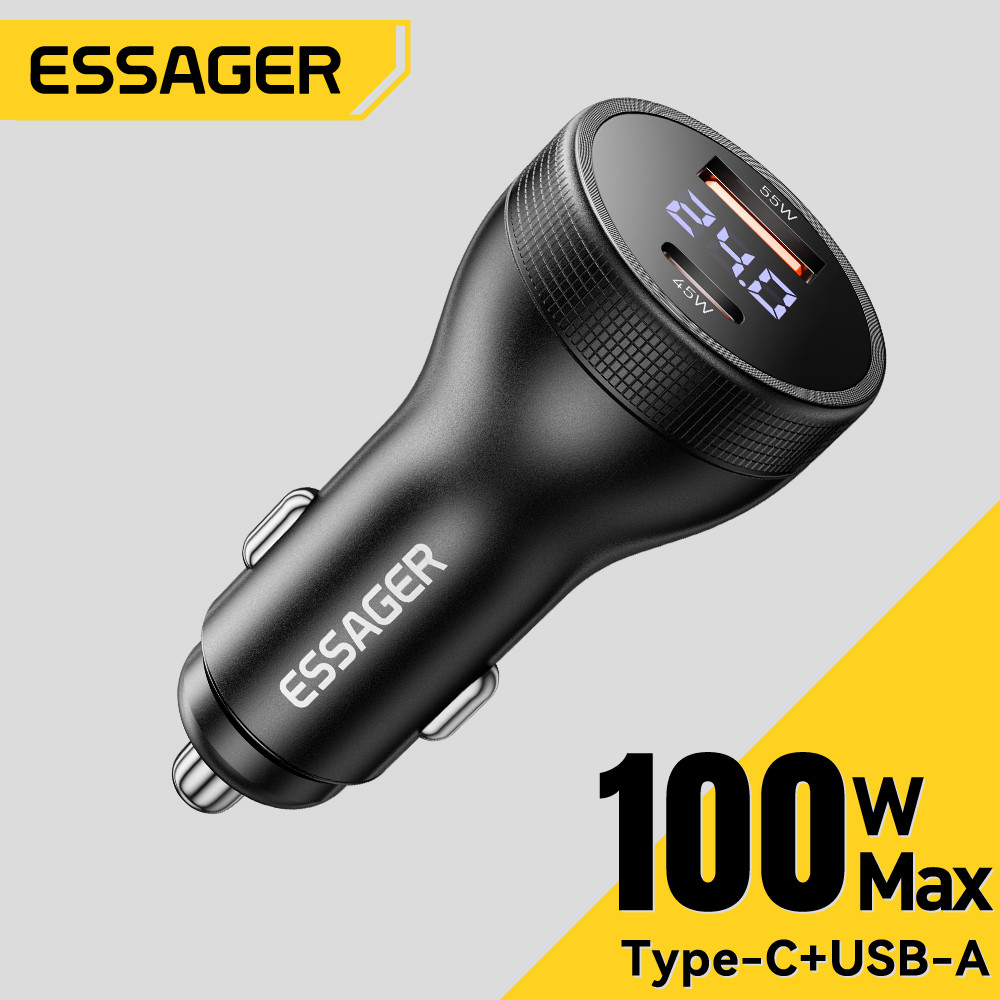 Bộ sạc xe hơi ESSAGER 100W A + C Bộ sạc siêu Flash có màn hình kỹ thuật số Hỗ trợ sạc Flash PD3.0 / QC3.0 / QC4.0 / Huawei FCP / SCP / Samsung AFC / SuperVOOC / VIVO