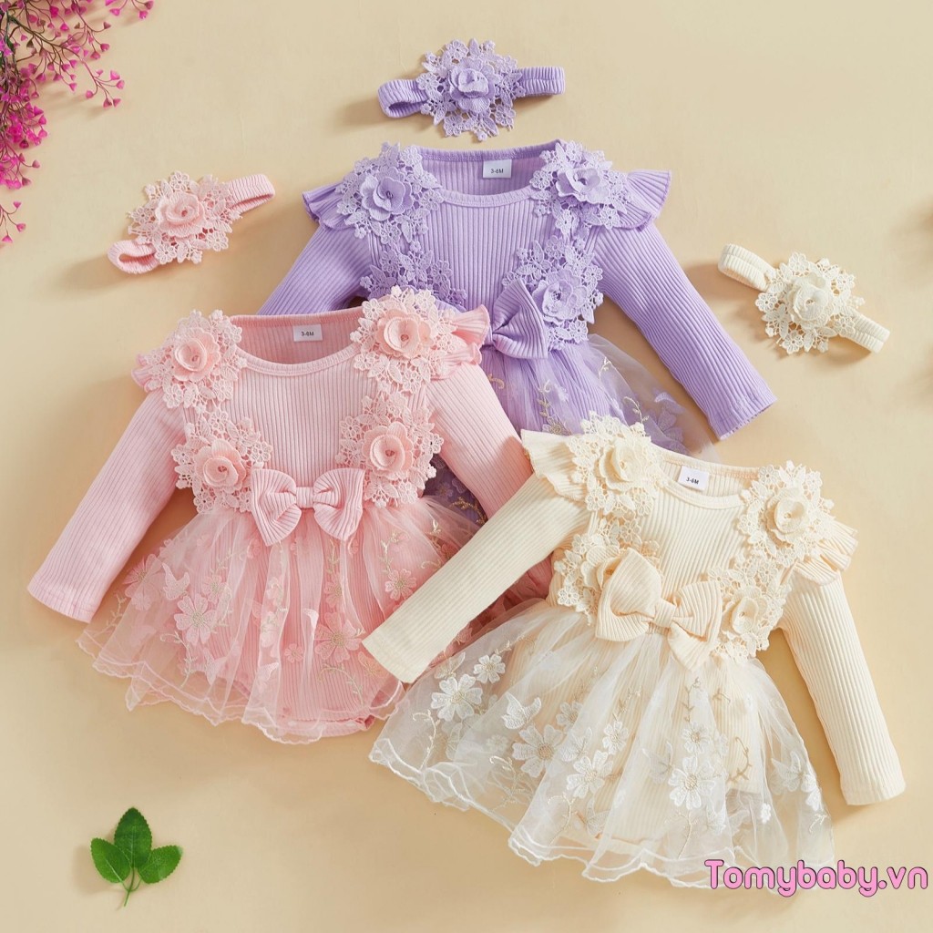 Bộ áo liền quần lưới ren chắp vá dài tay cho bé gái + Băng đô dễ thương