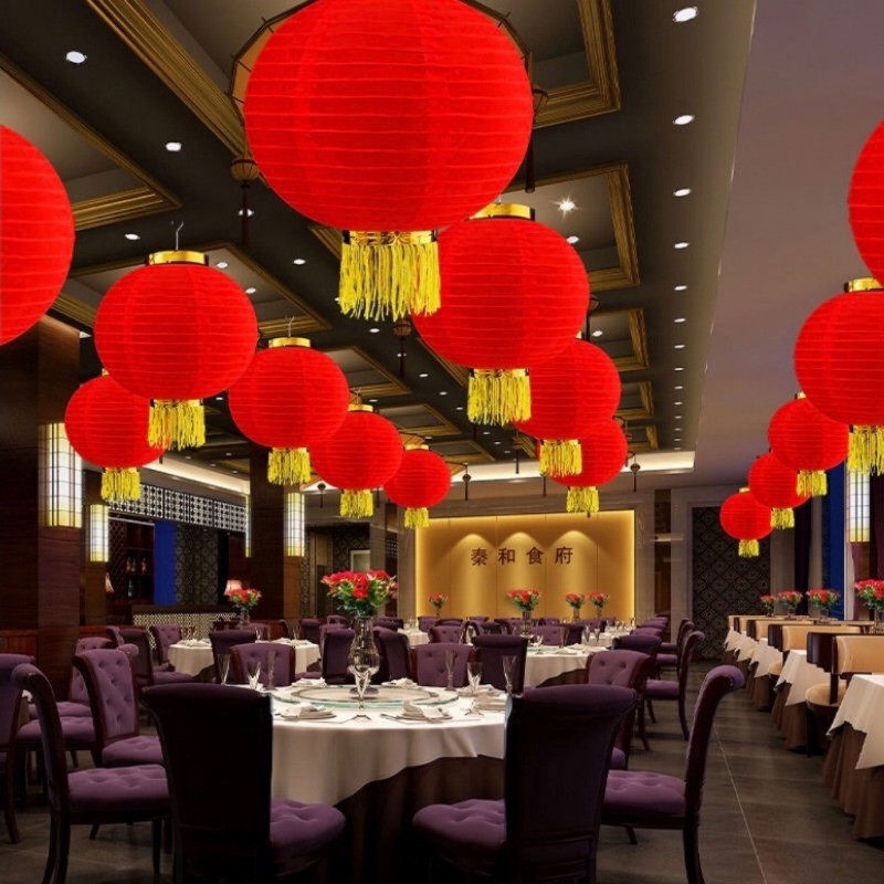 Lồng Đèn Đỏ Dạng Gập Phối Tua Rua Dùng Trang Trí Nhà Cửa / Tiệc Cưới / Khách Sạn Mừng Năm Mới