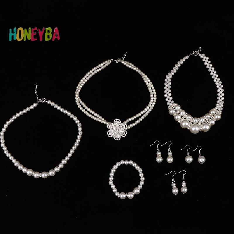 < Honeyba > Bộ trang sức cưới nữ cổ điển thời trang đính đá giả ngọc trai Vòng cổ vòng tay Bông tai Tiệc cưới Món quà trang sức