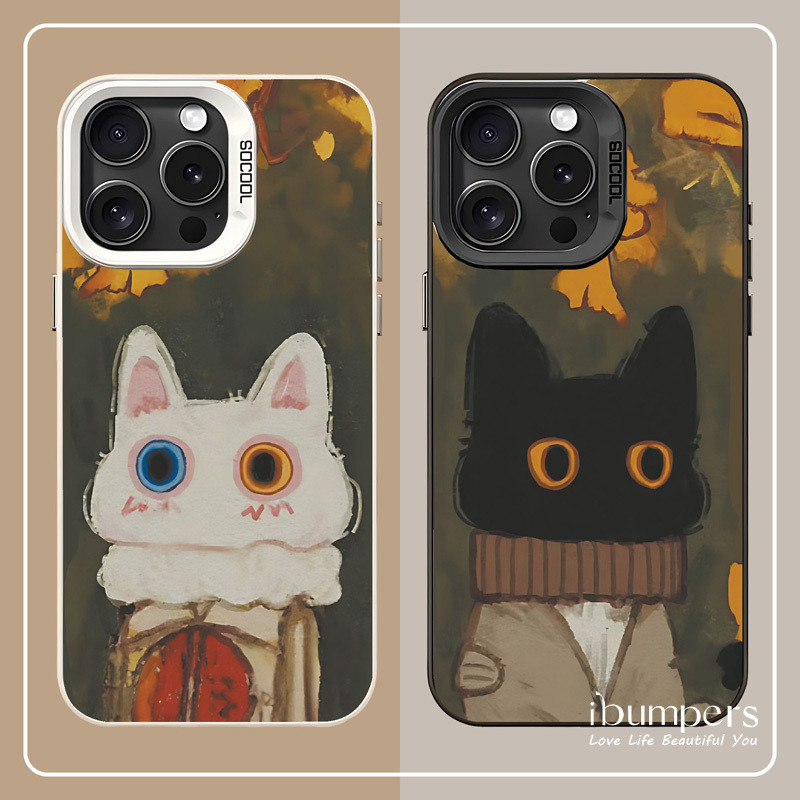 ibumpers Ốp Điện Thoại iPhone Văn Học Retro Cặp Đôi Họa Tiết Mèo Cho IPhone 16 15 14 12 13 11 Pro Max Ốp Lưng IMD Cứng Và Nhẵn