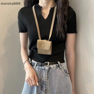 Meisha888 Mùa Hè Màu Trơn Cổ Chữ V Tay Ngắn Dệt Kim Áo Thun Nữ Slim Crop Top Đẹp