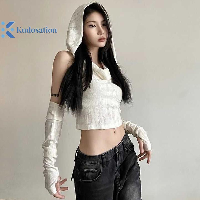 Kudosation Thời Trang Mỹ Rách Có Mũ Trùm Đầu Áo Y2k Sang Trọng Ôm Crop Top Có Tay Áo Đẹp