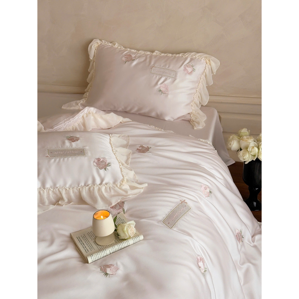 (L41441)Bộ Chăn Ga Gối Chất Liệu Tencel 60s Họa Tiết Thêu Hoa Tinh Xảo Thanh Nhã - MemMinbedding Luxury