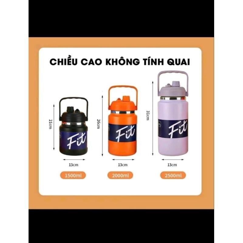 Bình giữ nhiệt dung tích lớn FIT/2000ml/1500ml miệng rộng dáng lùn trên nắp có ống hút tặng túi+cọ rửa