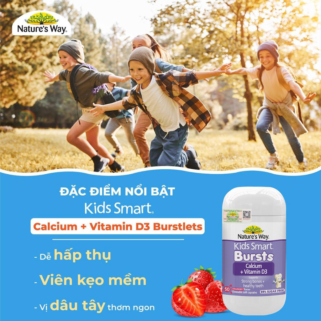 Viên Nhai Canxi Sữa Cho Bé Nature’s Way Kids Smart Calcium + Vitamin D3 Burstlets, Hỗ Trợ Xương Và Răng Chắc Khỏe 50v/h