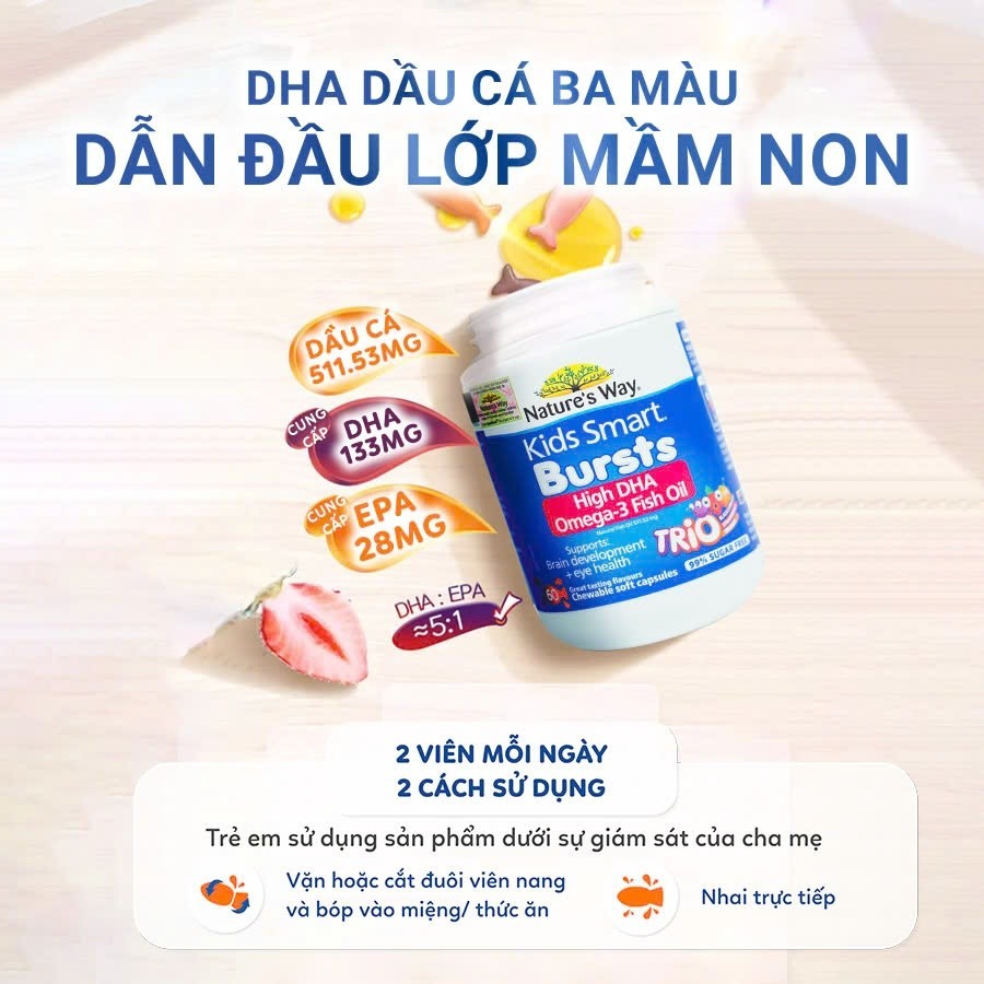 DHA Dầu Cá Ba Màu Nature's Way Omega-3 Fish Oil Trio Hỗ Trợ Tốt Cho Não Bộ Và Mắt Cho Bé 60 Viên