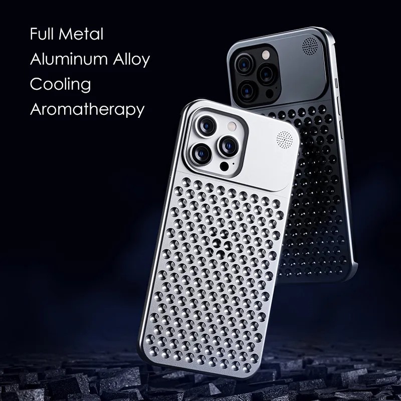 Ốp Điện Thoại Làm Mát Kim Loại Cho iPhone 13 12 14 15 16 17 Pro Max Plus Hương Thơm Không Vành Nhôm Rỗng Tản Nhiệt Vỏ Điện Thoại
