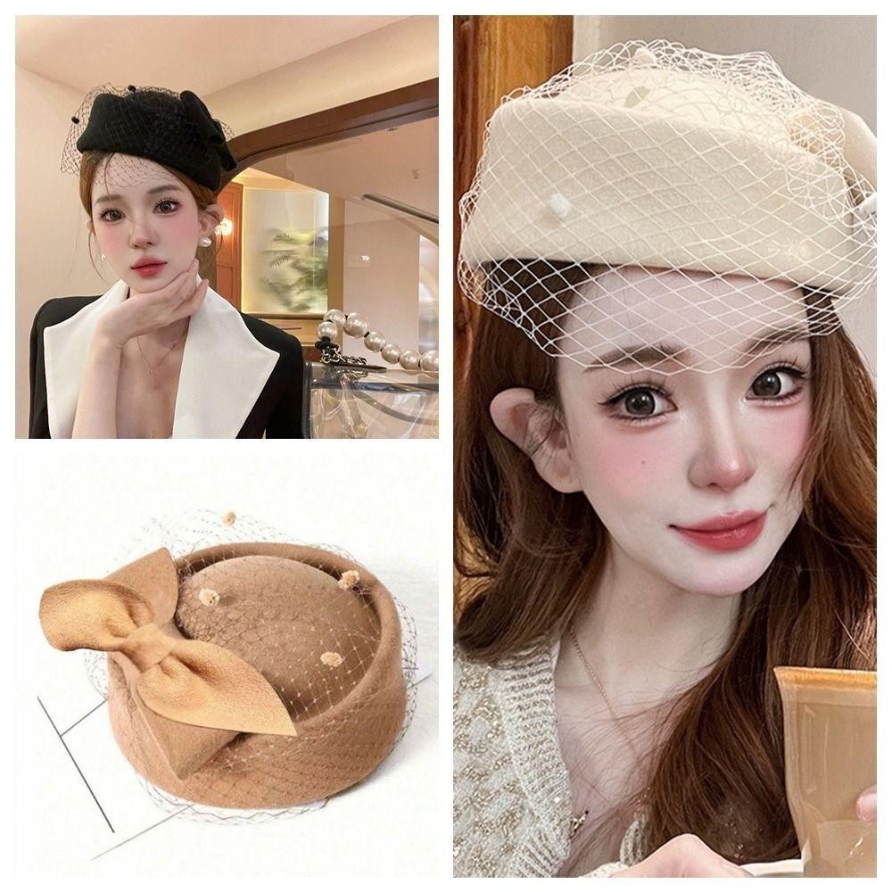 Mũ nơ NEATNOOK có tấm che mặt, Mũ len Cashmere phong cách Anh Quốc, Mũ trang trọng nữ tính khí cô dâu