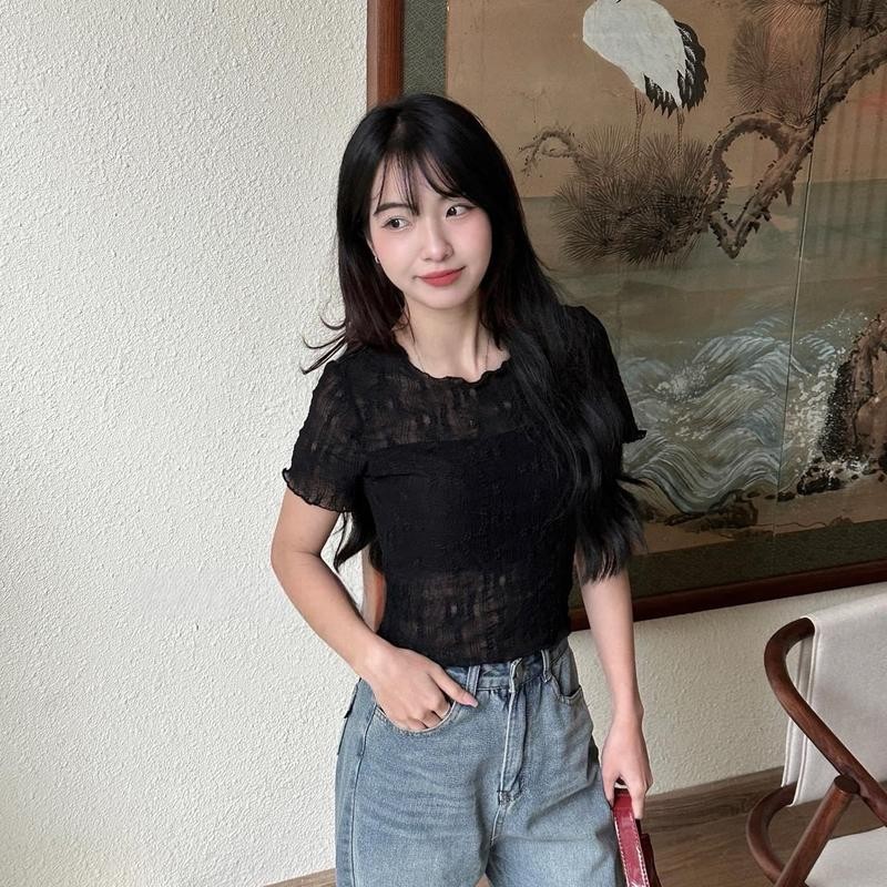 Áo nữ kiểu ren thun hoa nổi tay ngắn rút dây lưng ôm dáng cá tính top