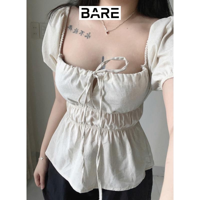 Áo kiểu tay bồng cột nơ chất linen, Áo babydoll tiểu thư dễ thương bo chun thân xinh xắn_A374 Nữ Top Women