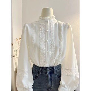 Phong Cách Hàn Quốc Nữ Nữ Rời Ruffle Ren Thêu Đèn Lồng Áo Sơ Mi Tay Dài Áo Baju Baju Wanita Lengan Panjang