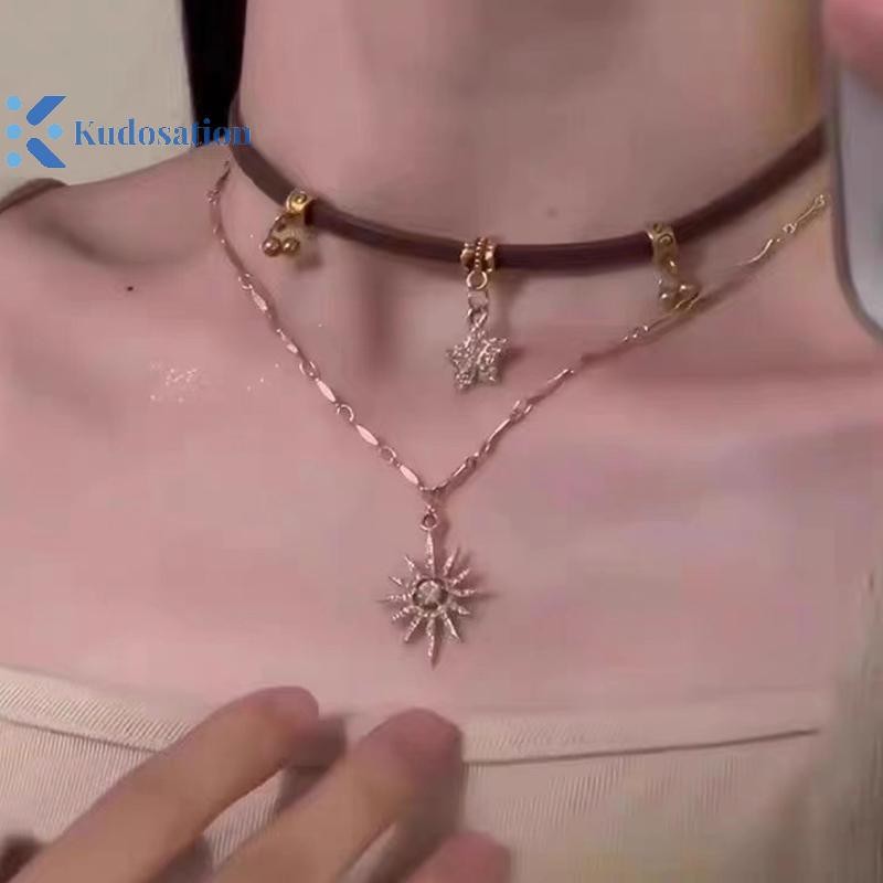 Kudosation Thời Trang Nữ Vintage Da Vòng Cổ Choker Hai Lớp Ngôi Sao Mặt Dây Chuyền Trang Sức Dây Xích Có Thể Điều Chỉnh