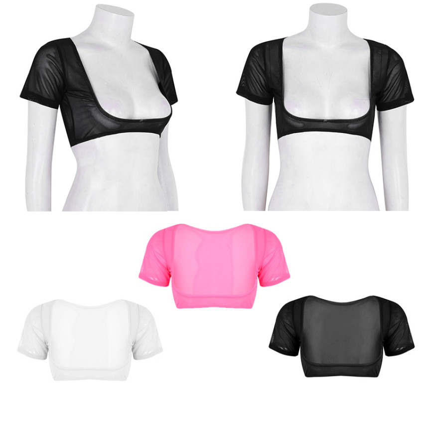 YOOJOO Nữ Lưới Mềm Nhìn Xuyên Qua Sheer Mở Bust Tay Ngắn Bụng Khiêu Vũ Crop Top