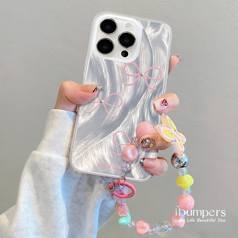ibumpers Ốp Điện Thoại iPhone Thanh Lịch Có In Nơ Màu Hồng Tinh Tế Và Dây Đeo Đính Hạt Lấp Lánh Ốp Lưng Trong Suốt Nhám Mờ Chống Bẩn Chống Sốc Cho IPhone 16 15 14 12 13 11 Pro Max IP 7 8 Plus X XS XR