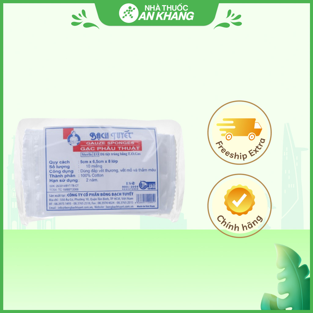 Gạc phẫu thuật Bạch Tuyết (5cm x 6.5cm x 8 lớp) gói 10 miếng