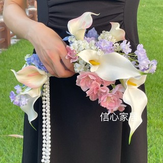Bó hoa cưới cầm tay cô dâu, bó hoa chụp ảnh từ hoa nhân tạo, hoa rum , tulip và hạt trai Ceveria C0255