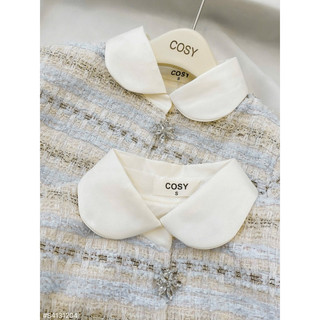 Set áo dạ TWeed sọc xanh tay dài cổ sen cúc đá phối chân váy Tafta trẻ trung năng động thanh lịch _SEP House