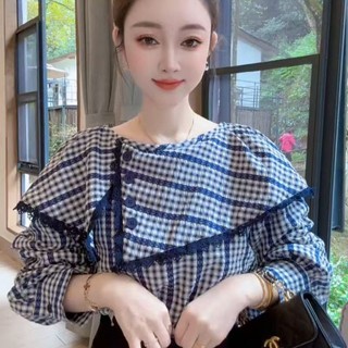 [318 Người Giao hàng trong vòng 7 giờ] Thiết kế kẻ sọc phong cách phương Tây thời trang kiểu Pháp Áo sơ mi dài tay có ve áo không đều 2025 Áo sang trọng mùa xuân