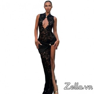Đầm ren thời trang nữ Sheer có khe hở cao không tay xuyên thấu Bodycon