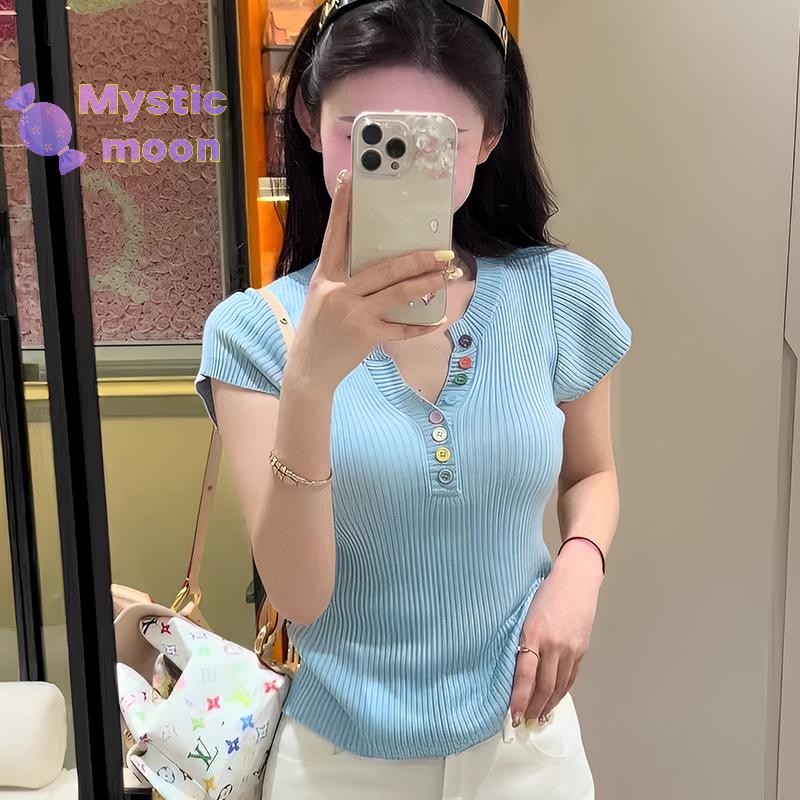 [Huyền bí] Nút đầy màu sắc mùa hè Áo thun dệt kim ngắn tay nửa cổ hở Áo thun nữ tay ngắn [Mới]