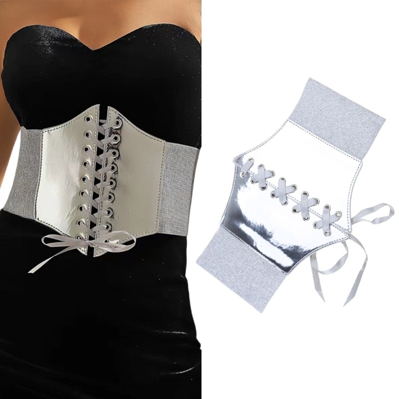 Dasbsug Bạc Corset Thắt Lưng Bạc Y2k Nữ Thắt Lưng Co Giãn Cho Đầm Rộng Đầm Thắt Lưng