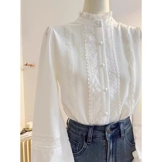 Phong Cách Hàn Quốc Nữ Nữ Rời Ruffle Ren Thêu Đèn Lồng Áo Sơ Mi Tay Dài Áo Baju Baju Wanita Lengan Panjang