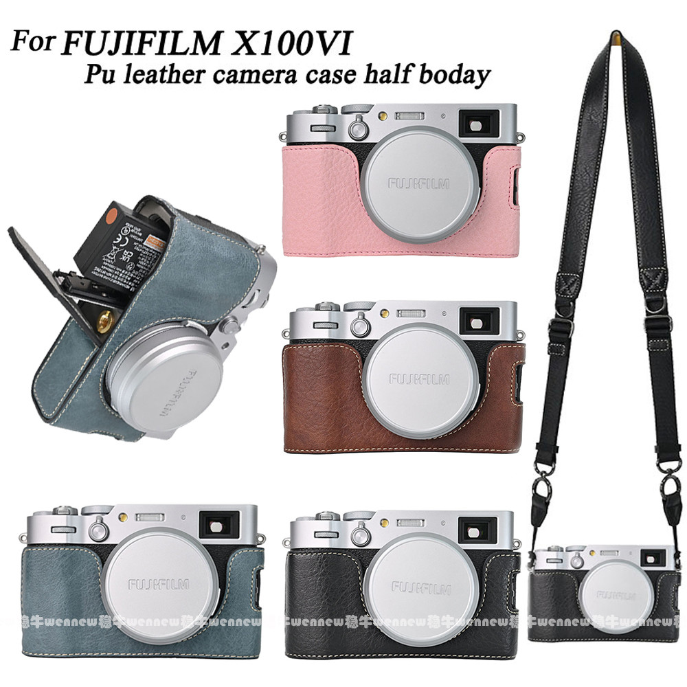 MUZIRI KINOKOO Fujifilm X100VI Halve PU-lederen beschermhoes voor de Fujifilm X100VI camera, gemakkelijk mee te nemen, met opening aan de onderkant en handgreep, zwart