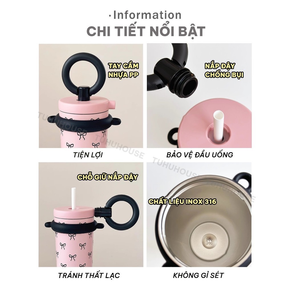 Ly giữ nhiệt BOWKNOT 720ml, cốc giữ nhiệt nóng lạnh inox 316 có dây xách tiện lợi