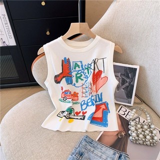 Thiết Kế Không Tay Mùa Hè ins Áo Vest Giảm Tuổi Hình Chữ I Tay Ngắn Graffiti Top Niche Xám Nữ Phù Hợp Với