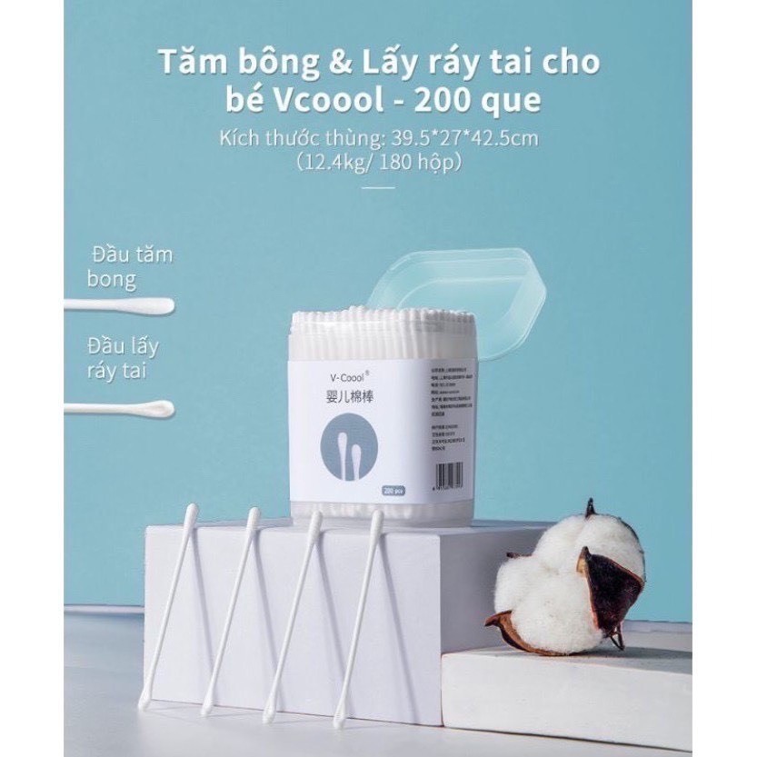 Combo 3 Hộp tăm bông trẻ em Vcoool, Emma Kids kháng khuẩn cho bé vệ sinh tai, mũi... (Hộp 200 que)