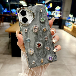 Ốp vuông cho iPhone 16 15 14 13 11 12 Pro Max thời trang mạ điện hình giọt nước keo đá quý chống sốc