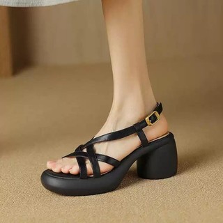Giày cao gót mũi tròn, gót chunky cho phụ nữ, kiểu dáng thời trang rỗng