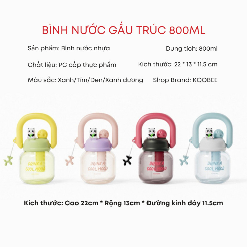 Bình Nước Nắp Gấu Trúc 800ml Có Ống Hút, Quai Xách Và Bóng Lọc Trà, Hoa Quả Detox Đa Năng Tiện Dụng | 269