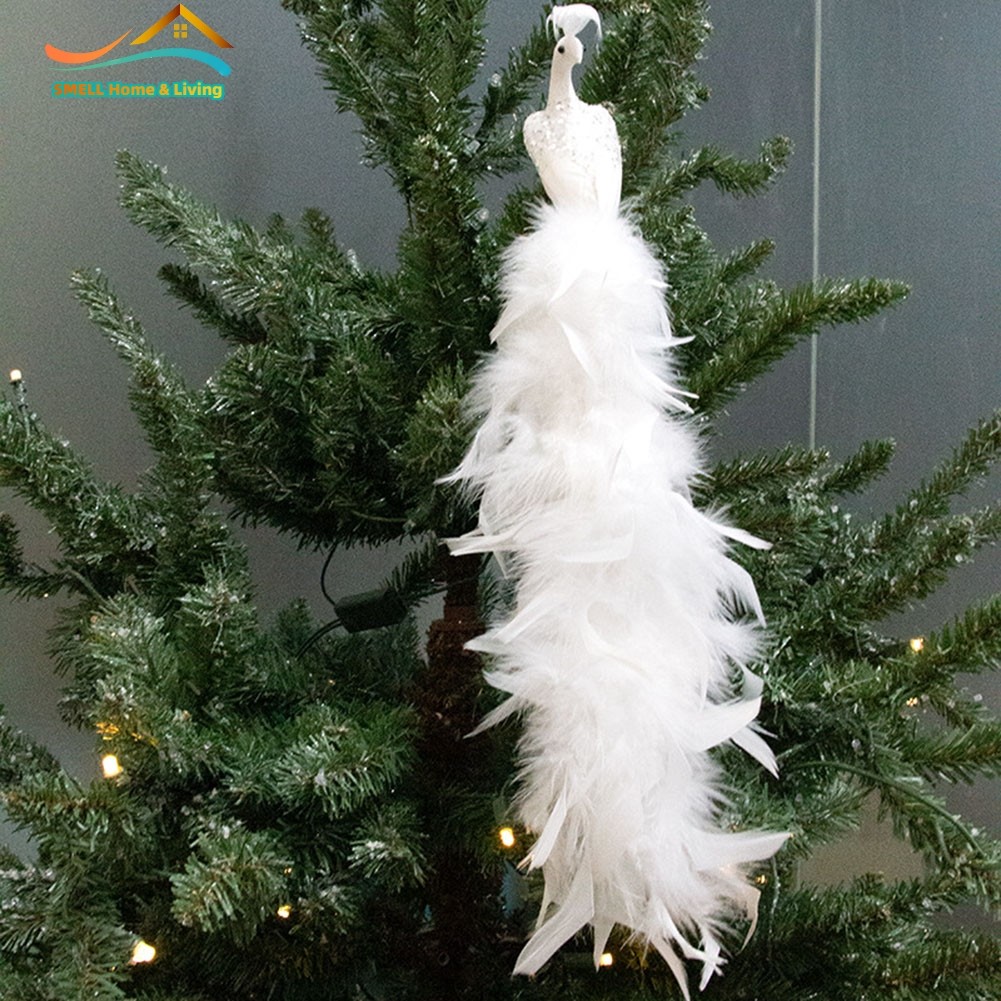 [Smellshi] Chim công trắng nhân tạo Trang trí cây thông Noel Lông vũ mô phỏng chim