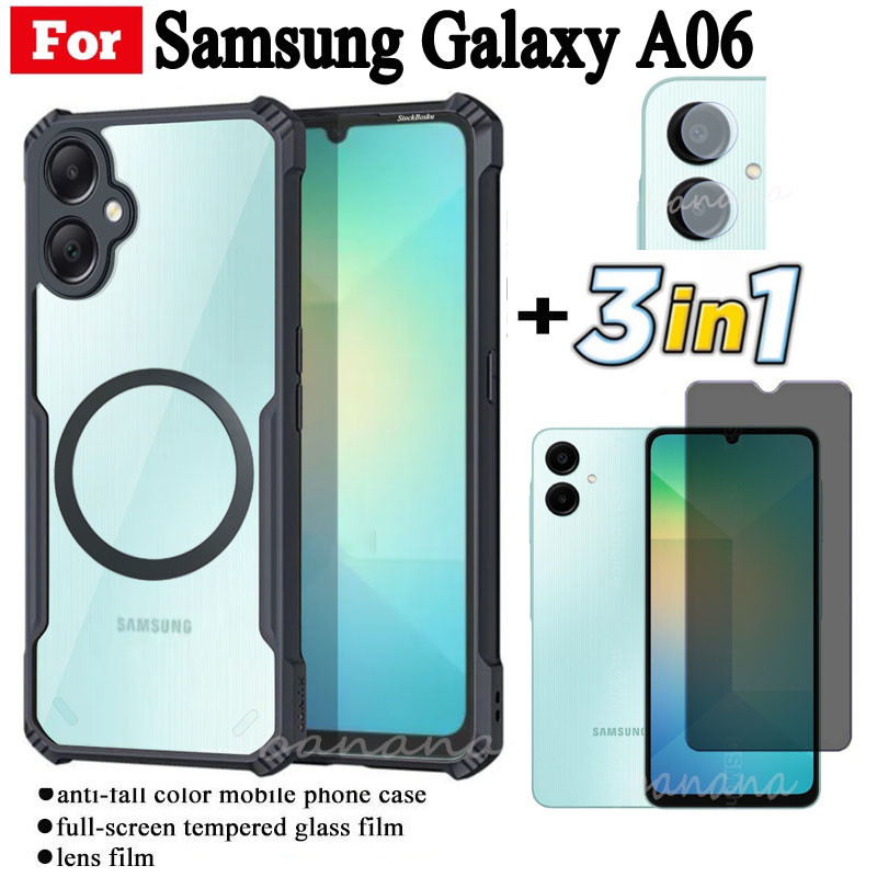 Ốp Điện Thoại Chống Sốc 3 Trong 1 Samsung A06 Có Nhãn Dán Sạc Không Dây Từ Tính Cho Samsung A16 A15 A05 A55 M35 Kính Cường Lực Chống Gián Điệp Bảo Vệ Màn Hình Và Phim Ống Kính