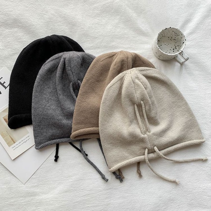 Thu Đông Nữ Dệt Kim Baggy Beanie Mũ Dây Rút Slouchy Len Chui Đầu Mũ Ngoài Trời Chống Gió
