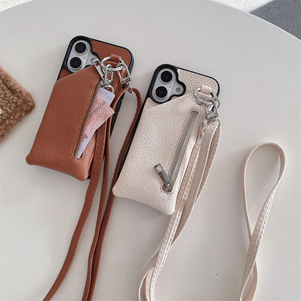 Ốp Điện Thoại Đeo Ngang Cho IPhone 13 12 Mini 16 15 14 11 Pro XS Max X XR 7 8 Plus Ví Dây Kéo Có Đựng Thẻ Da PU