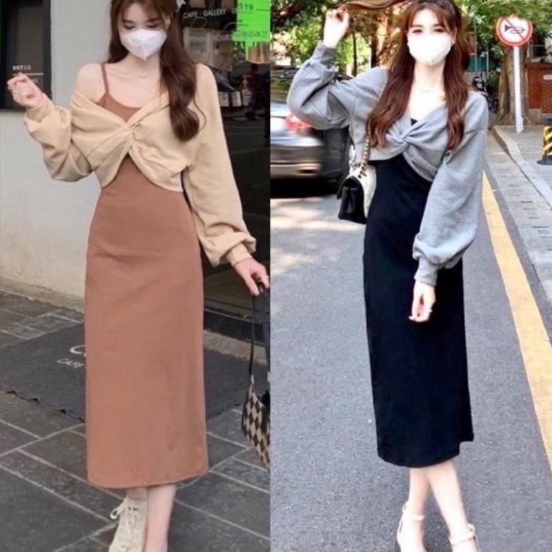 Sét áo khoác dài phối đầm 2 dây body hottrend feedback Bảo An Shop hot Thun Nữ Top Đen