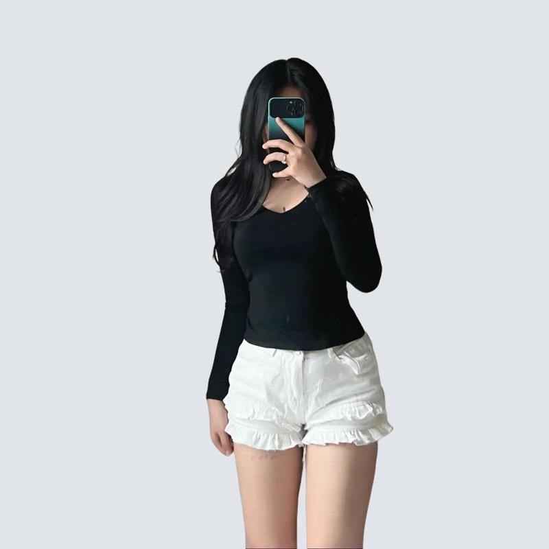 Áo thun cổ tim tay dài form ôm body chất thun cotton borip co dãn tôn dáng phong cách basic dễ phối đồ- A371