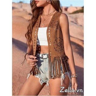 Áo Vest nữ Fringe giả da lộn thường ngày mở phía trước không tay tua rua Hippie Áo khoác