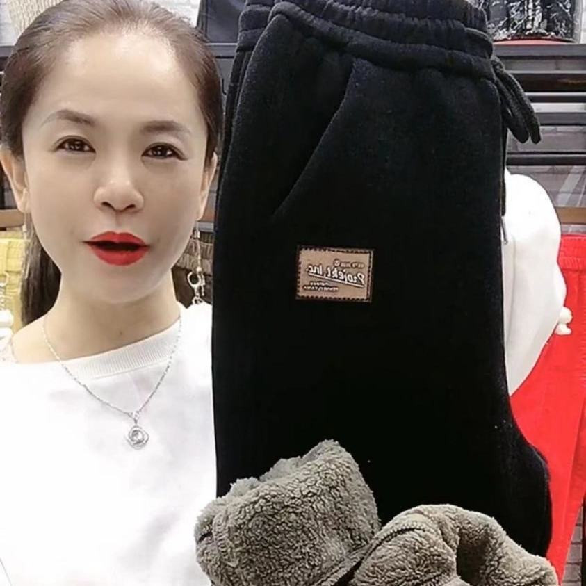 Quần thể thao quần nhung cừu thường ngày bo gấu rộng rãi mẫu mới thu đông năm 2024 cho nữ