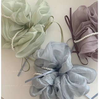 [Sản phẩm phúc lợi] Quiet Starry Sky Blue Bow Pearl Scrunchy Hair Ring Nữ Cao Cấp Phong Cách Hàn Quốc Satin Headband Phụ Kiện Tóc
